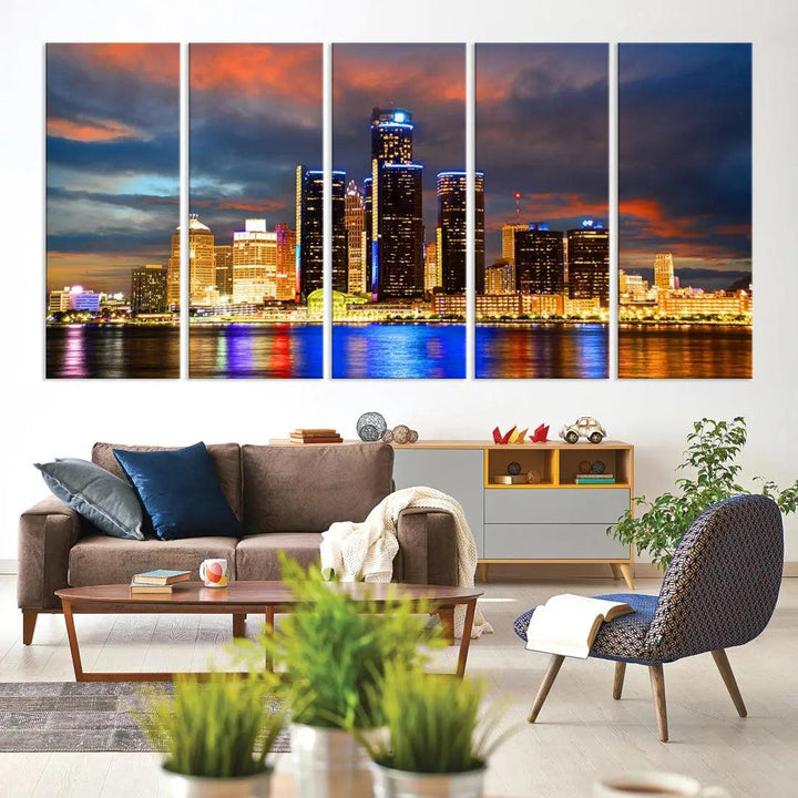 Bright Detroit Skyline Picture Print Skyline Wall Art Canvas Ready to Hang