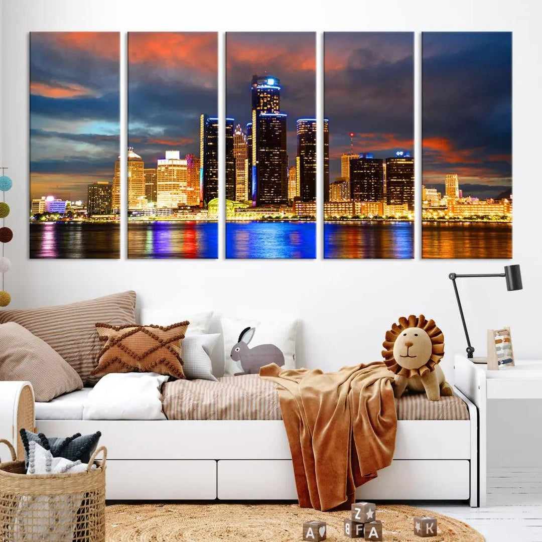 Bright Detroit Skyline Picture Print Skyline Wall Art Canvas Ready to Hang