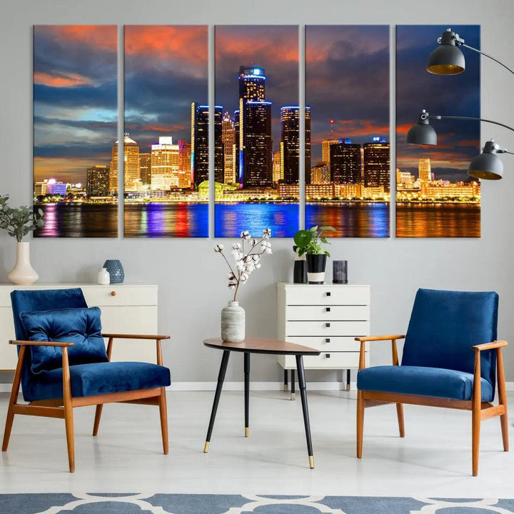 Bright Detroit Skyline Picture Print Skyline Wall Art Canvas Ready to Hang