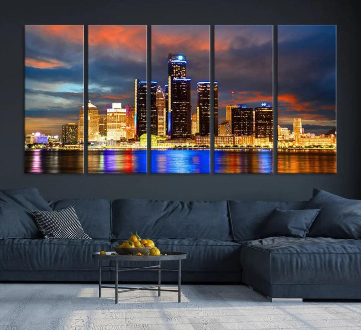 Bright Detroit Skyline Picture Print Skyline Wall Art Canvas Ready to Hang