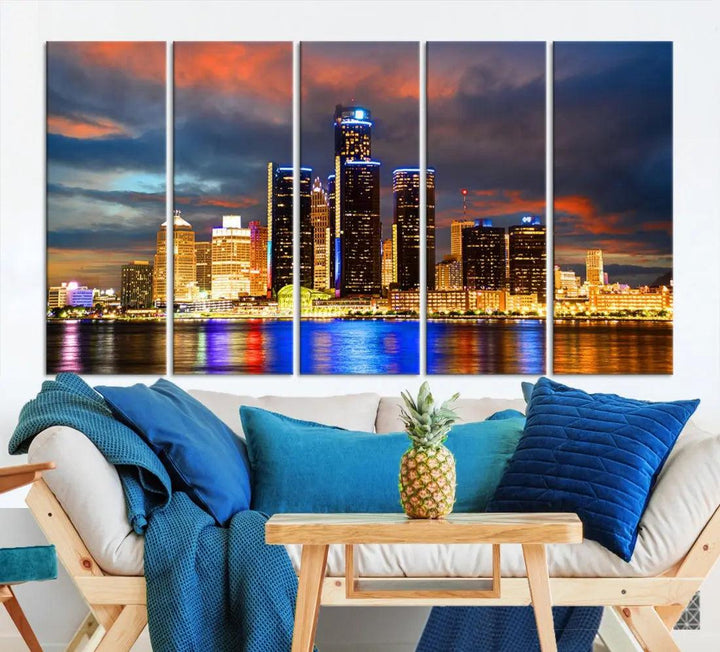 Bright Detroit Skyline Picture Print Skyline Wall Art Canvas Ready to Hang