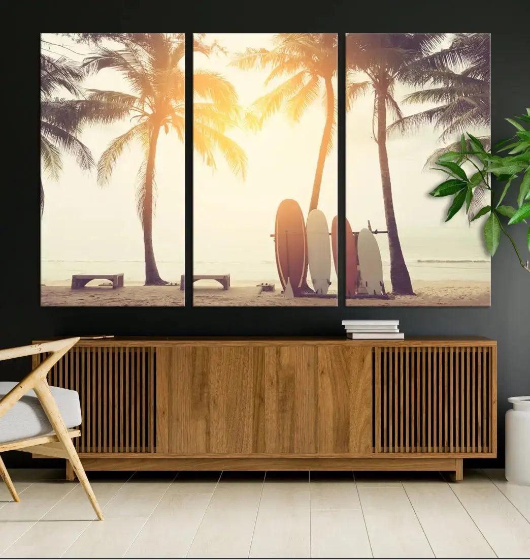 Bring a Piece of the Beach to Your Home with Our Large Canvas Wall Art Print of a Surfboard & Palm TreeA Relaxing