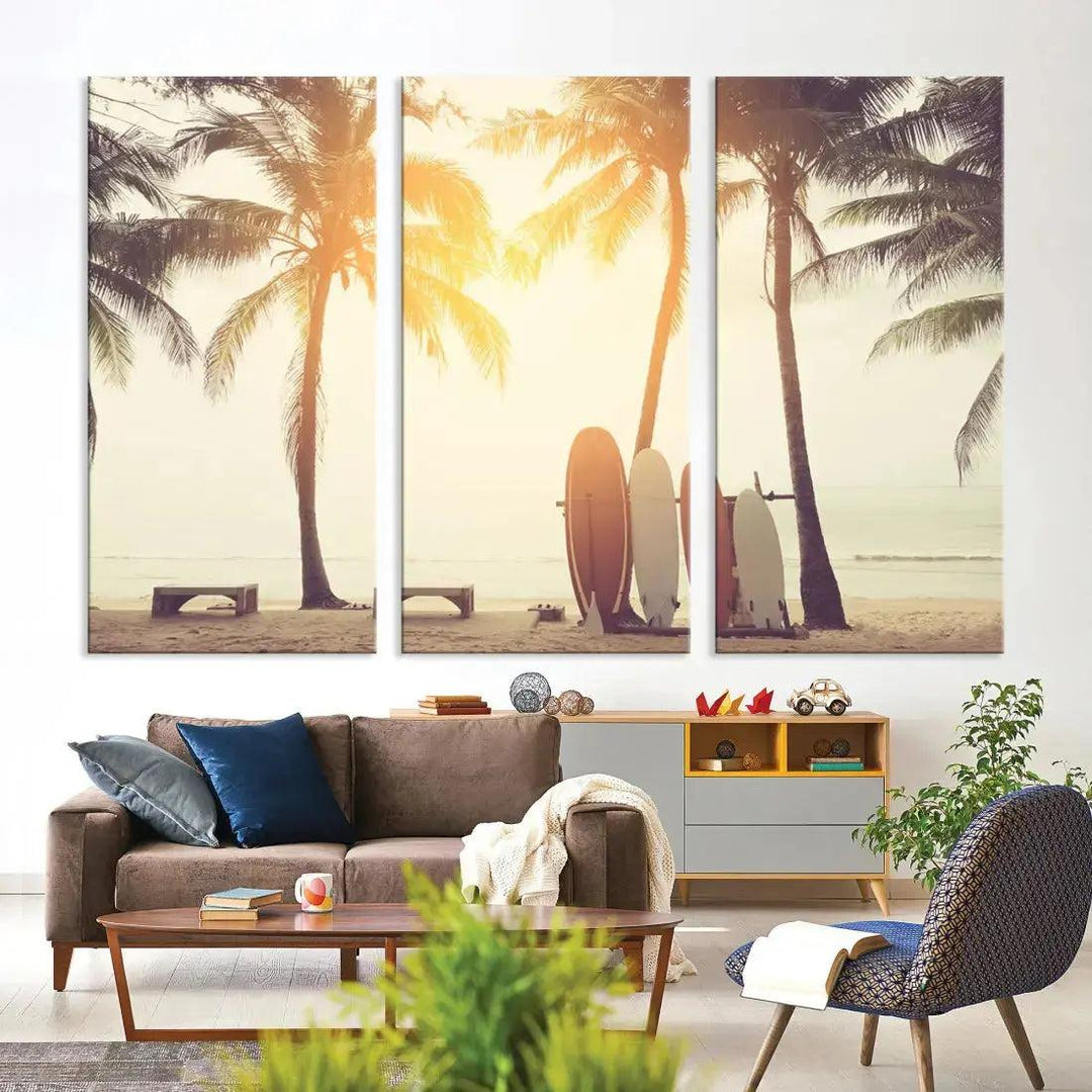 Bring a Piece of the Beach to Your Home with Our Large Canvas Wall Art Print of a Surfboard & Palm TreeA Relaxing