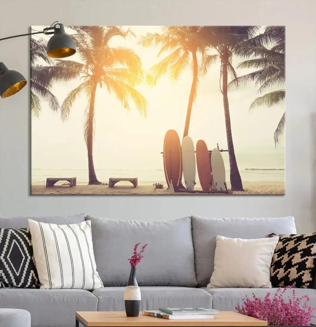 Bring a Piece of the Beach to Your Home with Our Large Canvas Wall Art Print of a Surfboard & Palm TreeA Relaxing