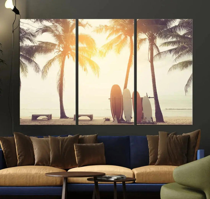 Bring a Piece of the Beach to Your Home with Our Large Canvas Wall Art Print of a Surfboard & Palm TreeA Relaxing