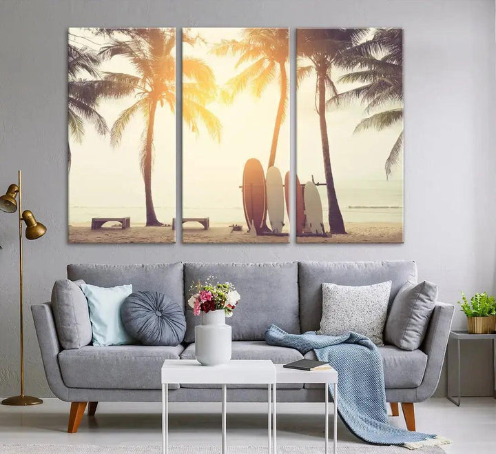 Bring a Piece of the Beach to Your Home with Our Large Canvas Wall Art Print of a Surfboard & Palm TreeA Relaxing