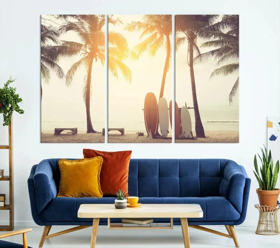 Bring a Piece of the Beach to Your Home with Our Large Canvas Wall Art Print of a Surfboard & Palm TreeA Relaxing