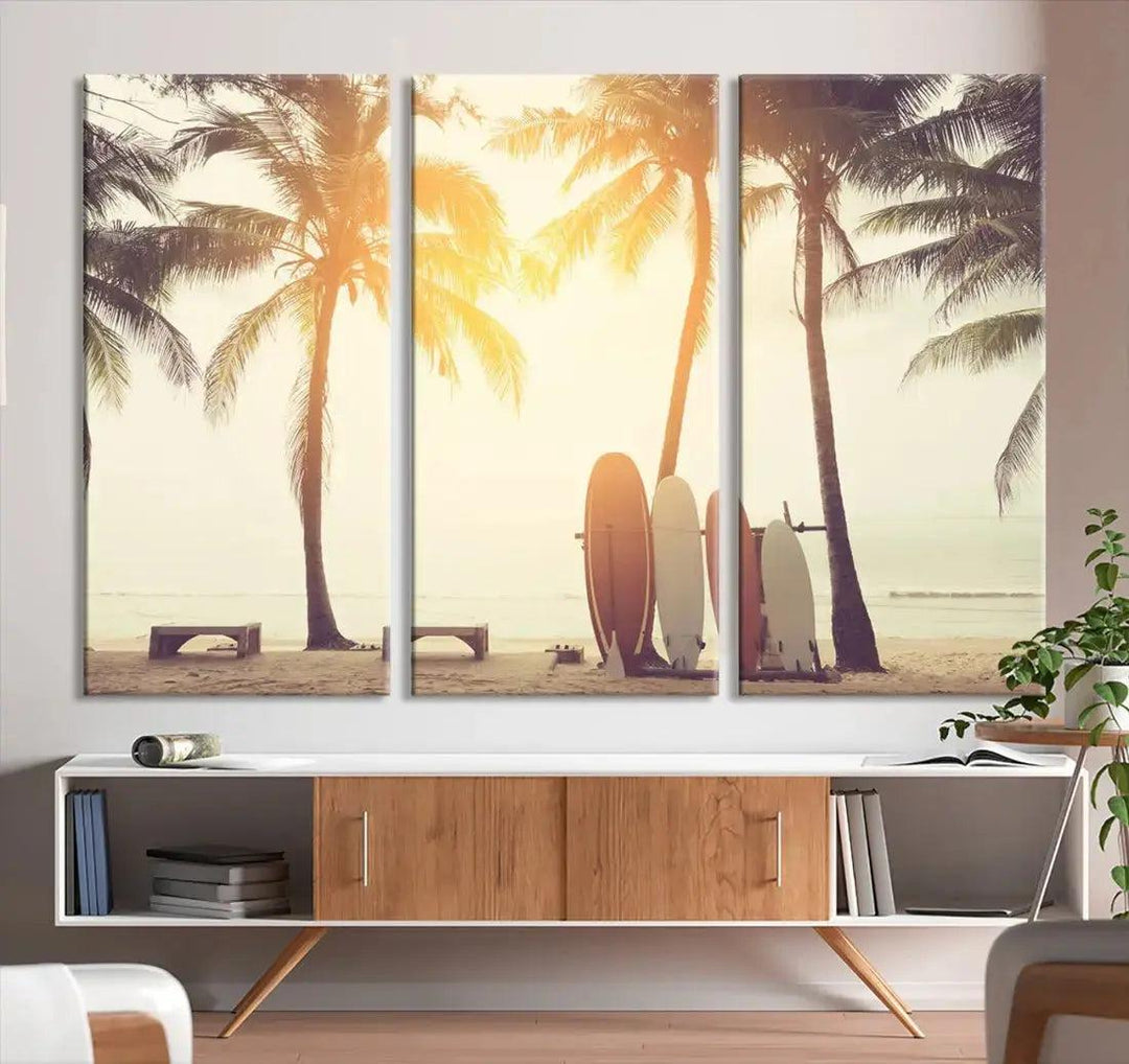 Bring a Piece of the Beach to Your Home with Our Large Canvas Wall Art Print of a Surfboard & Palm TreeA Relaxing