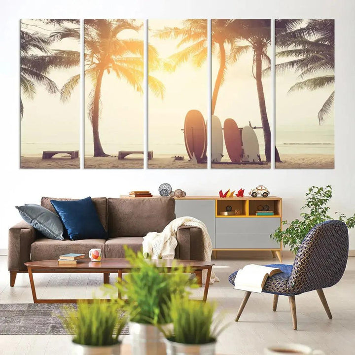 Bring a Piece of the Beach to Your Home with Our Large Canvas Wall Art Print of a Surfboard & Palm TreeA Relaxing