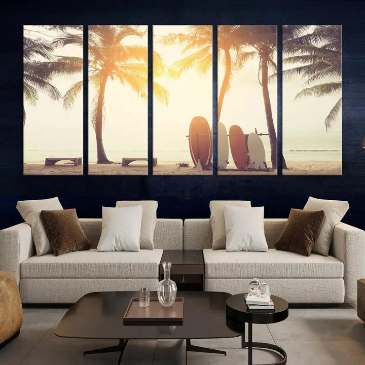 Bring a Piece of the Beach to Your Home with Our Large Canvas Wall Art Print of a Surfboard & Palm TreeA Relaxing