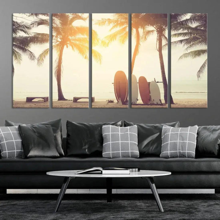 Bring a Piece of the Beach to Your Home with Our Large Canvas Wall Art Print of a Surfboard & Palm TreeA Relaxing