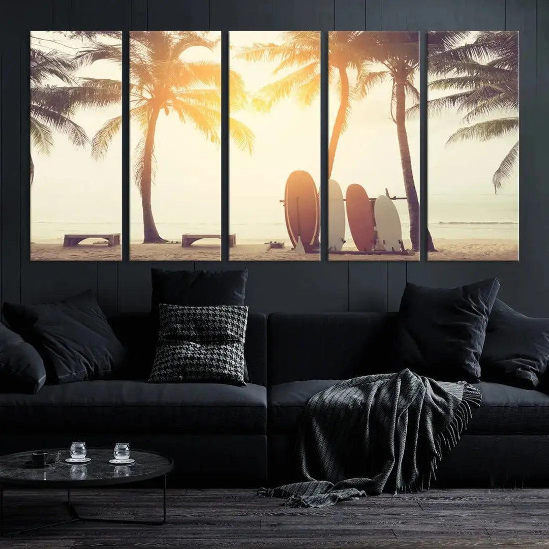 Bring a Piece of the Beach to Your Home with Our Large Canvas Wall Art Print of a Surfboard & Palm TreeA Relaxing