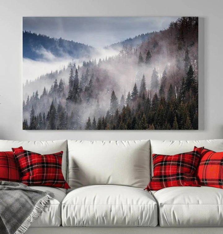 Bring the Magic of a Foggy Winter Mountain Forest to Your Home with Our Wall Art Canvas Print