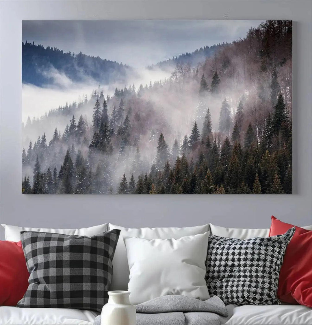 Bring the Magic of a Foggy Winter Mountain Forest to Your Home with Our Wall Art Canvas Print