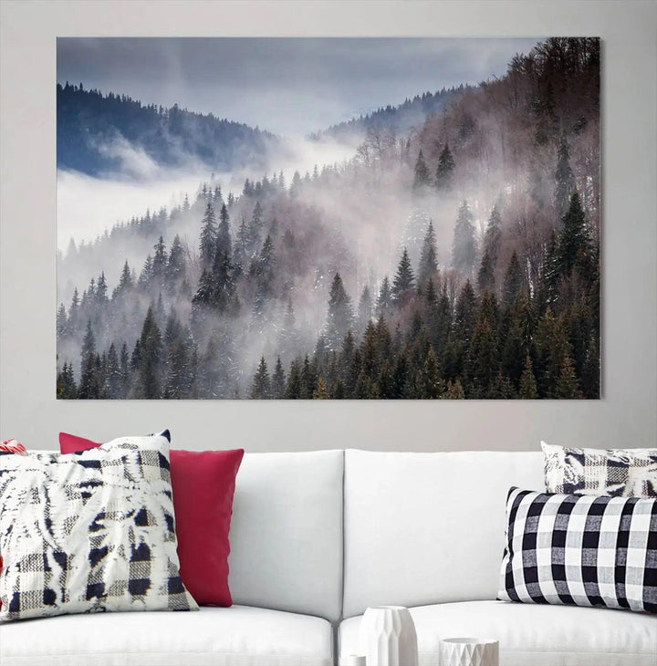 Bring the Magic of a Foggy Winter Mountain Forest to Your Home with Our Wall Art Canvas Print