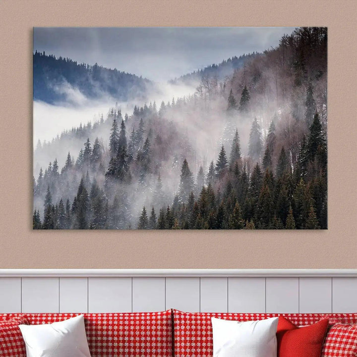 Bring the Magic of a Foggy Winter Mountain Forest to Your Home with Our Wall Art Canvas Print