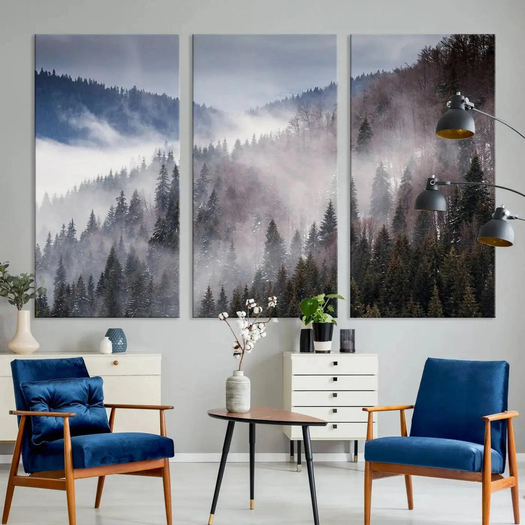 Bring the Magic of a Foggy Winter Mountain Forest to Your Home with Our Wall Art Canvas Print