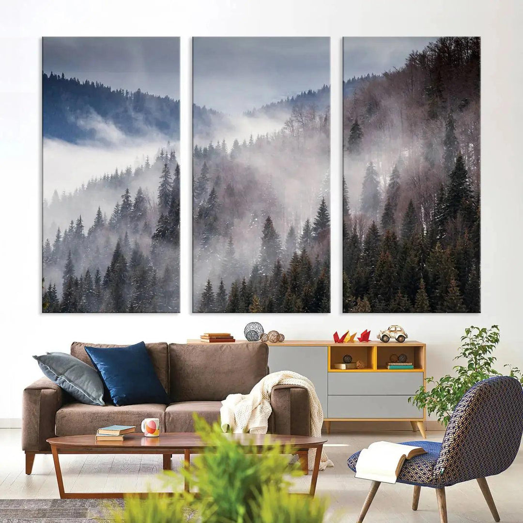 Bring the Magic of a Foggy Winter Mountain Forest to Your Home with Our Wall Art Canvas Print