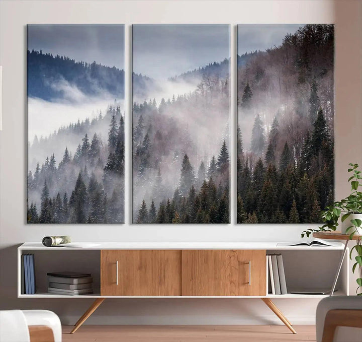 Bring the Magic of a Foggy Winter Mountain Forest to Your Home with Our Wall Art Canvas Print