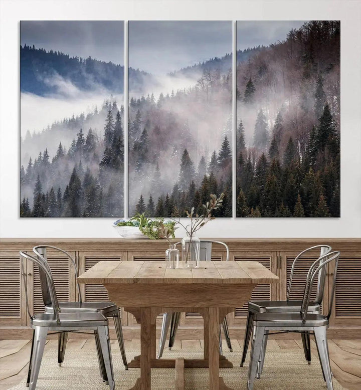 Bring the Magic of a Foggy Winter Mountain Forest to Your Home with Our Wall Art Canvas Print