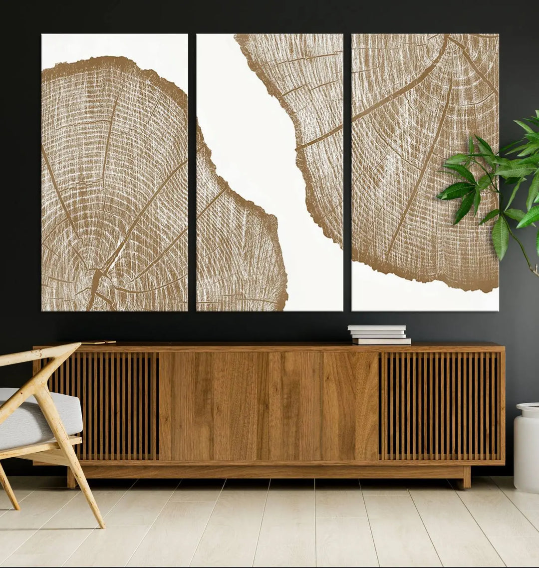 Brown Tree Ring Linocut Print, Farm House Minimalist Wall Art Canvas Print