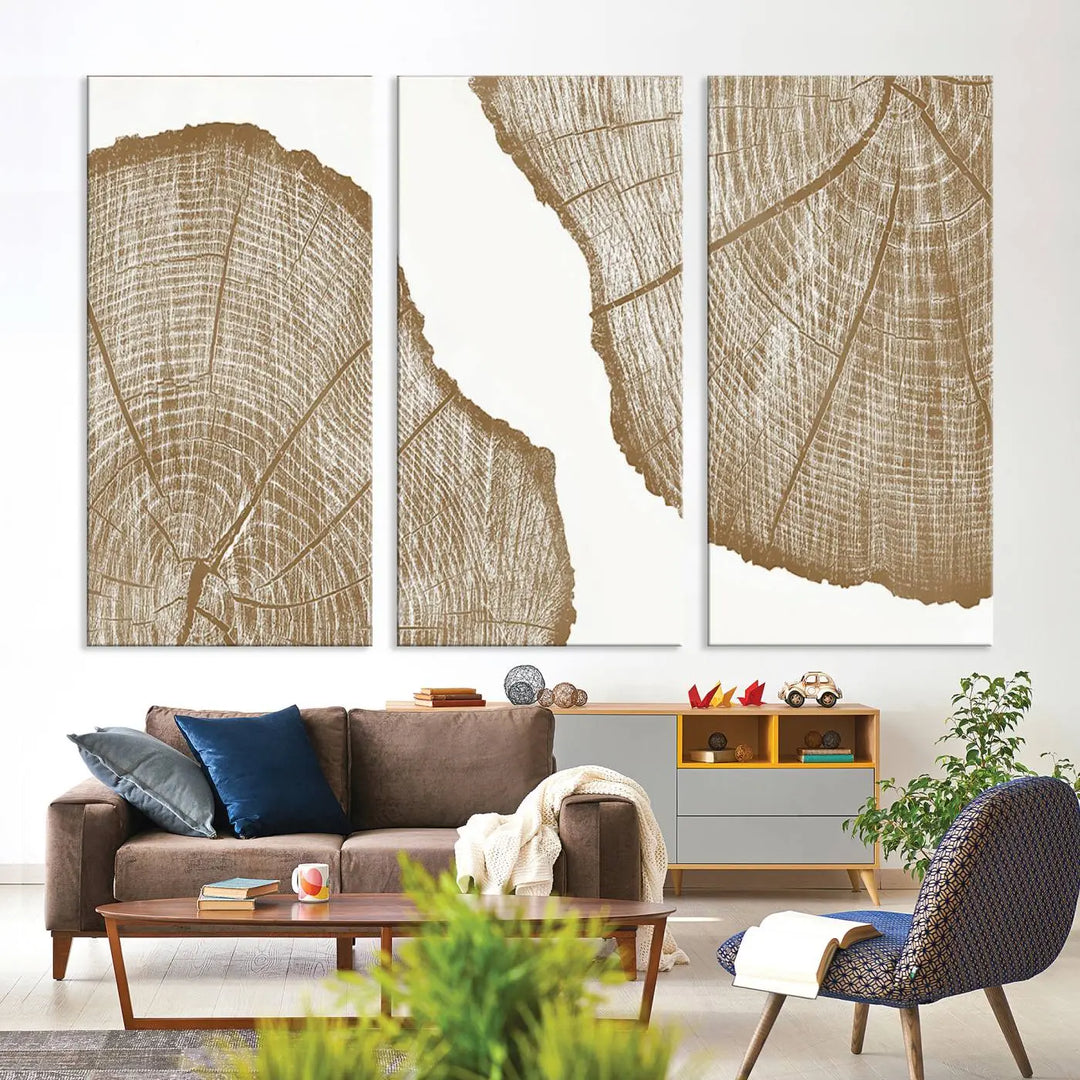 Brown Tree Ring Linocut Print, Farm House Minimalist Wall Art Canvas Print