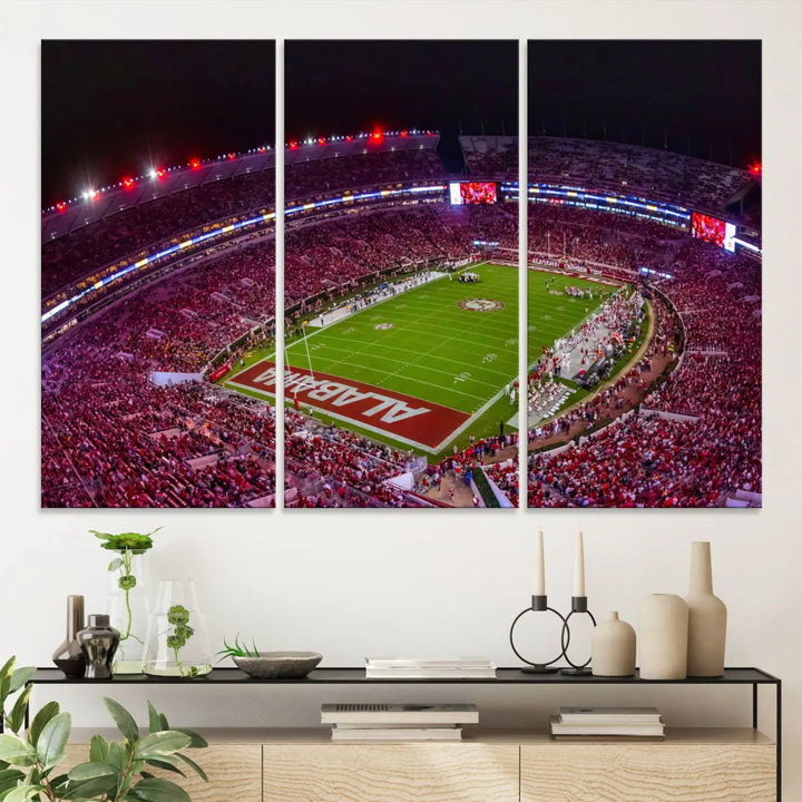 Bryant-Denny Stadium Night Game Triple Canvas Wall Art - Alabama Crimson Tide Football Match