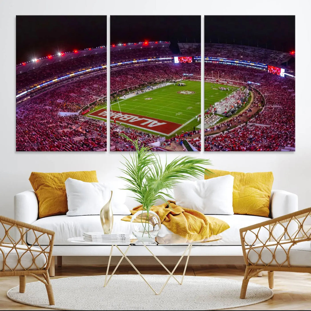 Bryant-Denny Stadium Night Game Triple Canvas Wall Art - Alabama Crimson Tide Football Match