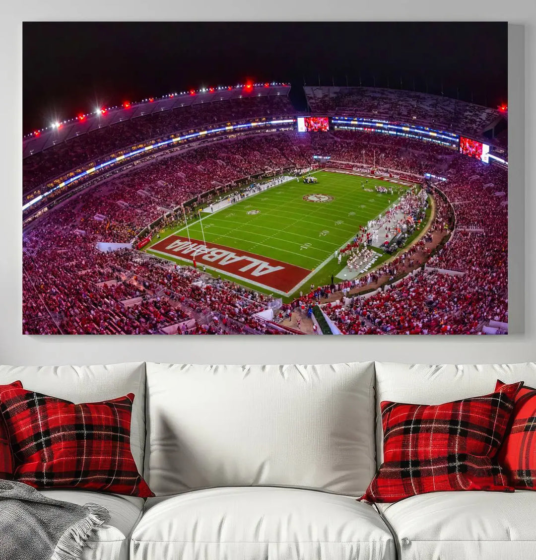 Bryant-Denny Stadium Night Game Triple Canvas Wall Art - Alabama Crimson Tide Football Match