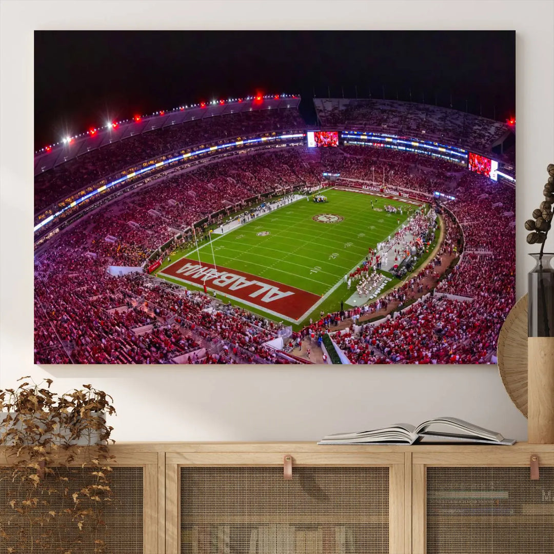 Bryant-Denny Stadium Night Game Triple Canvas Wall Art - Alabama Crimson Tide Football Match