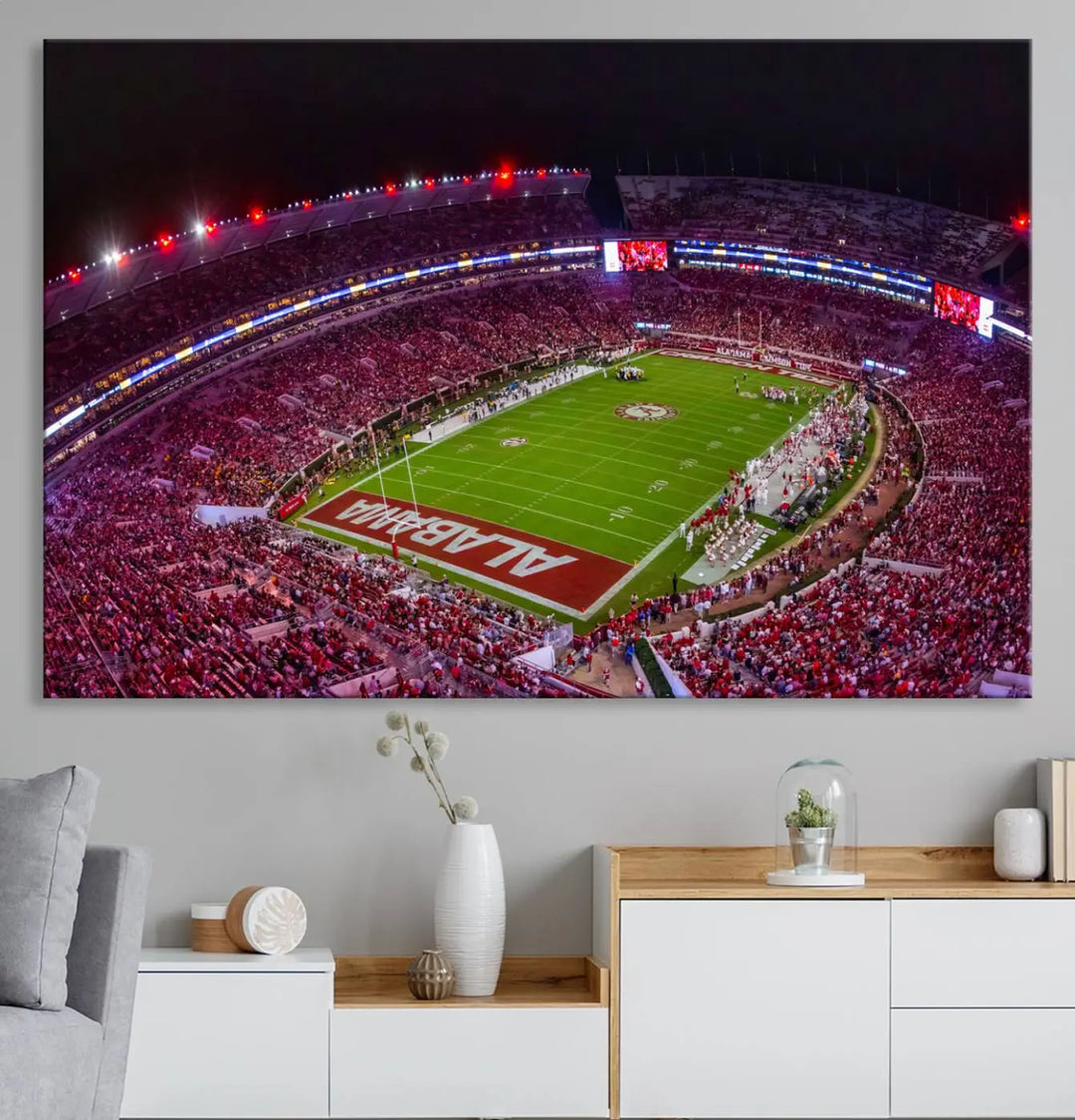 Bryant-Denny Stadium Night Game Triple Canvas Wall Art - Alabama Crimson Tide Football Match