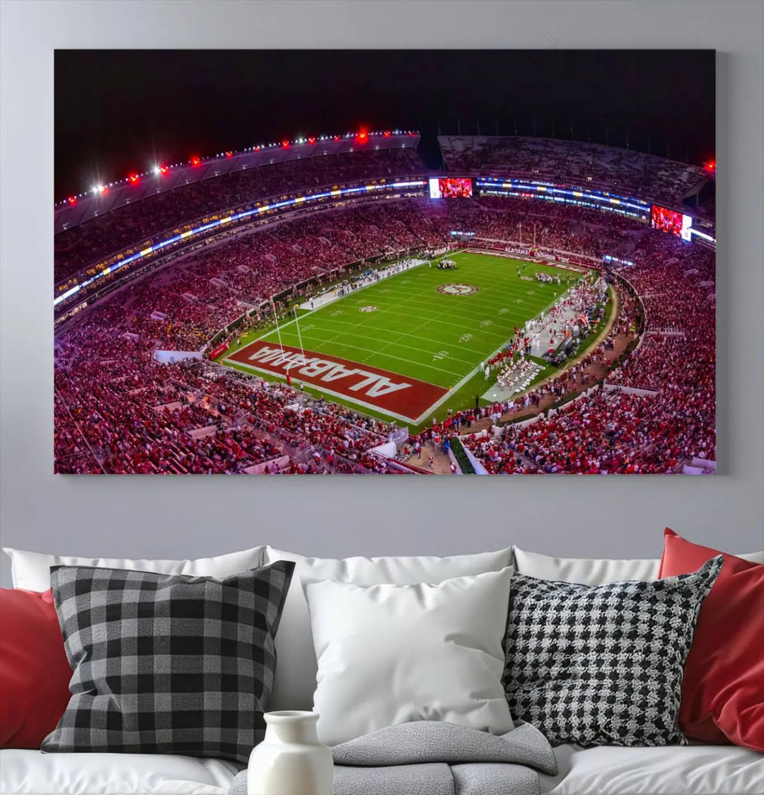 Bryant-Denny Stadium Night Game Triple Canvas Wall Art - Alabama Crimson Tide Football Match