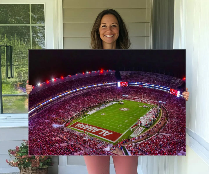 Bryant-Denny Stadium Night Game Triple Canvas Wall Art - Alabama Crimson Tide Football Match