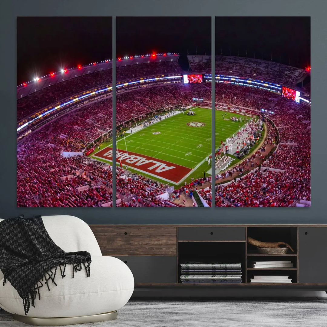 Bryant-Denny Stadium Night Game Triple Canvas Wall Art - Alabama Crimson Tide Football Match