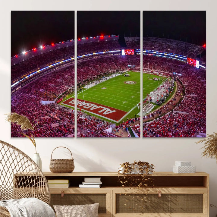 Bryant-Denny Stadium Night Game Triple Canvas Wall Art - Alabama Crimson Tide Football Match