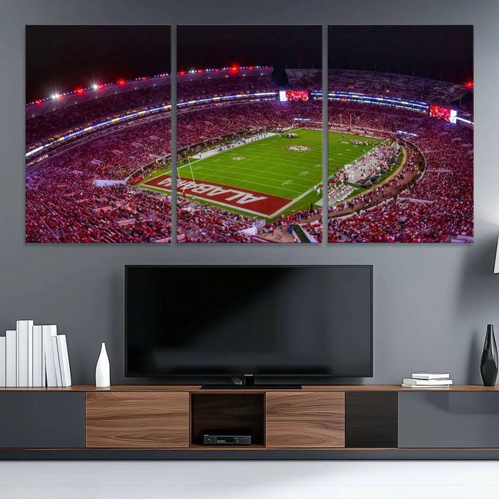 Bryant-Denny Stadium Night Game Triple Canvas Wall Art - Alabama Crimson Tide Football Match