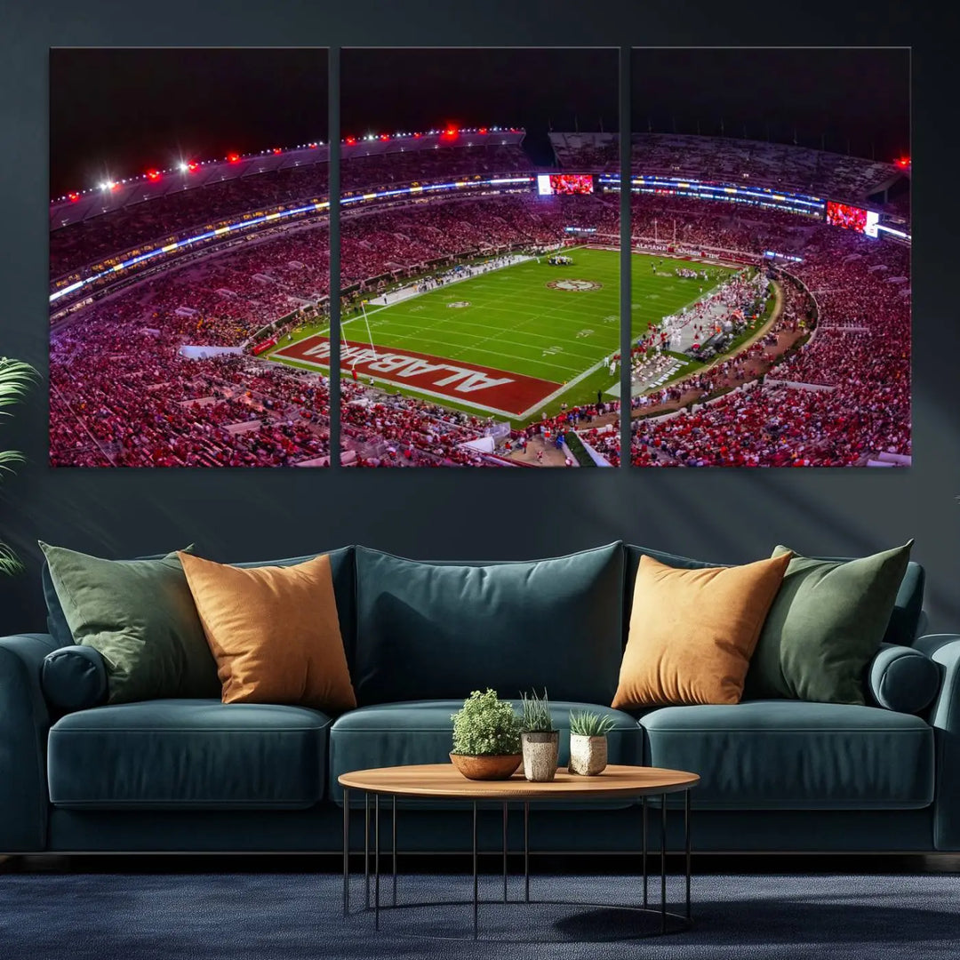 Bryant-Denny Stadium Night Game Triple Canvas Wall Art - Alabama Crimson Tide Football Match