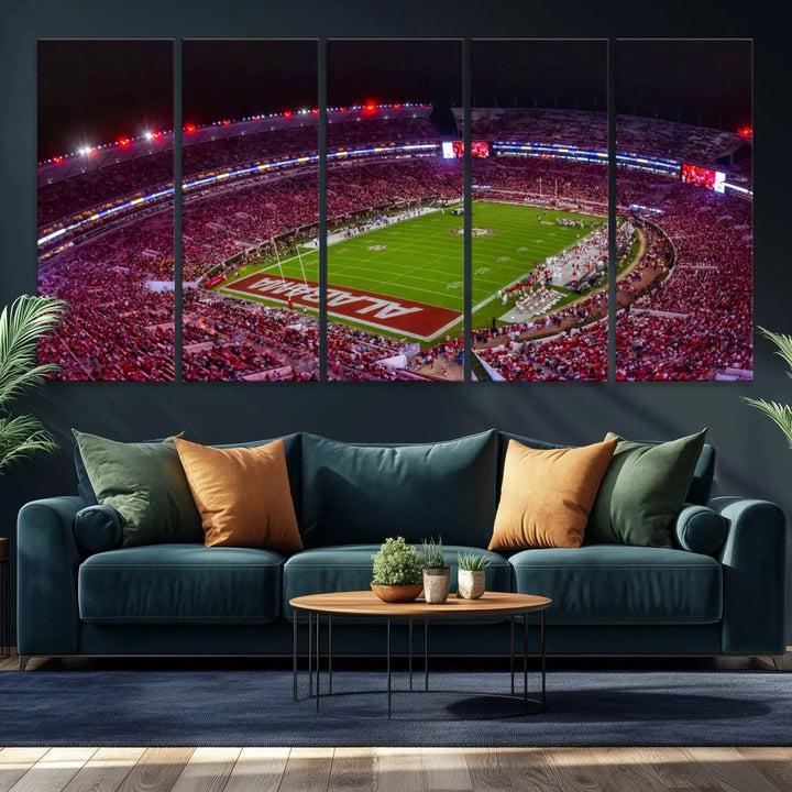 Bryant-Denny Stadium Night Game Triple Canvas Wall Art - Alabama Crimson Tide Football Match