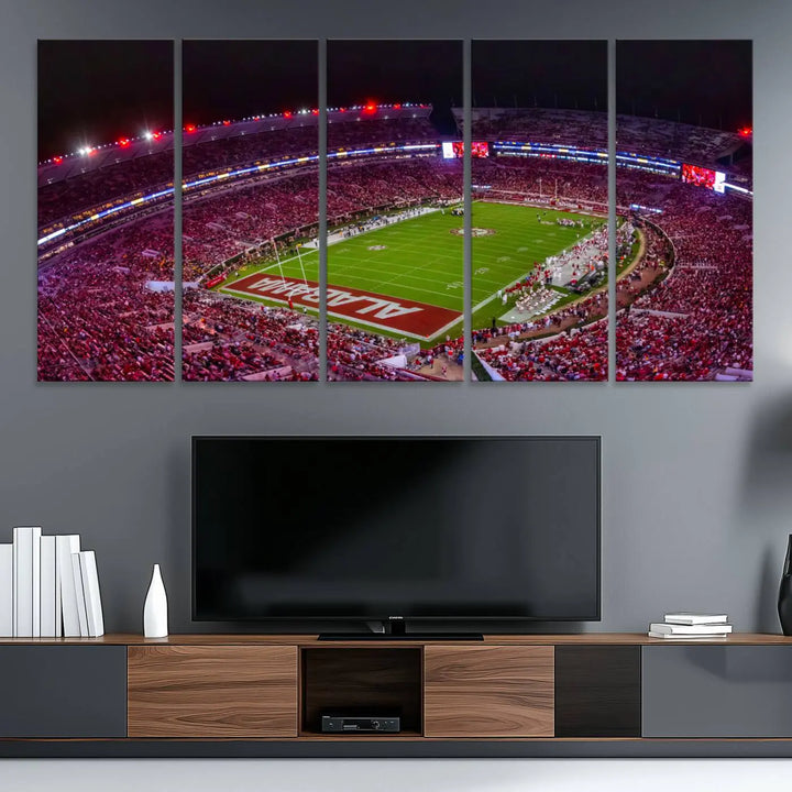 Bryant-Denny Stadium Night Game Triple Canvas Wall Art - Alabama Crimson Tide Football Match