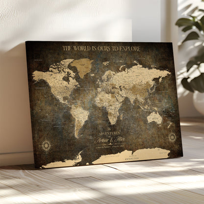 77826024S-MGV-CV-36X24-Personalized World Map Wall Art Print – Custom Push Pin Canvas Design, Framed Gift for Travel Memories, Couples or Special Occasions