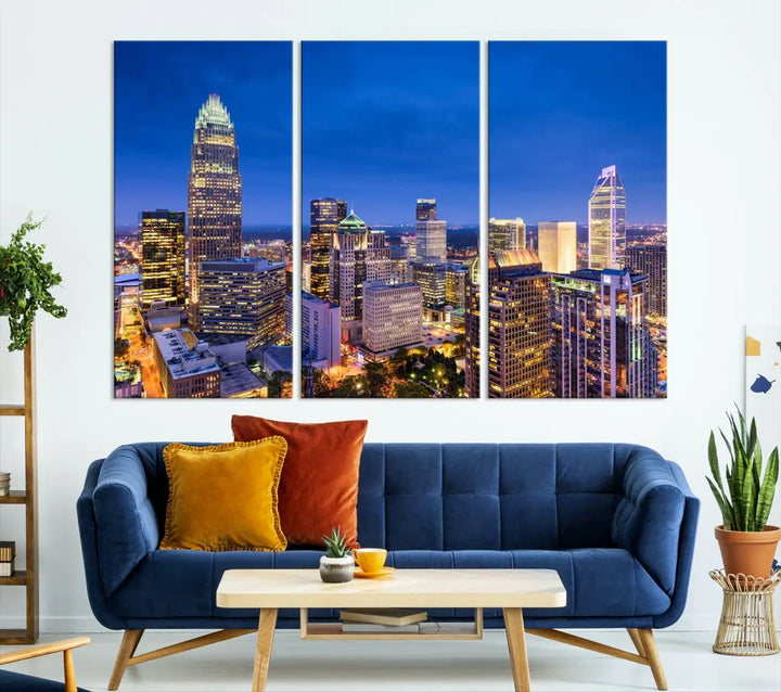 Charlotte Aerial View Night Skyline City Lights Wall Art Canvas Print