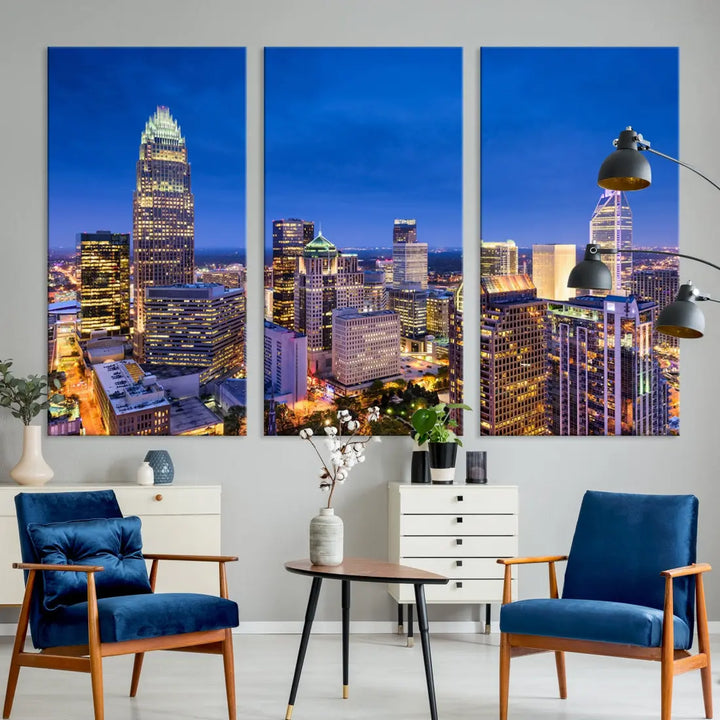 Charlotte Aerial View Night Skyline City Lights Wall Art Canvas Print