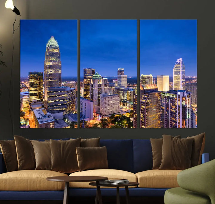 Charlotte Aerial View Night Skyline City Lights Wall Art Canvas Print