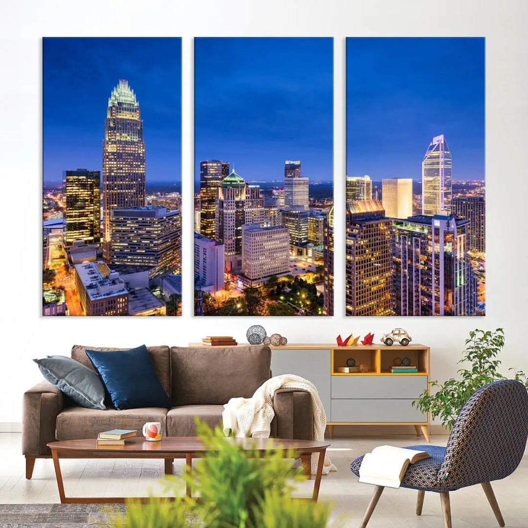 Charlotte Aerial View Night Skyline City Lights Wall Art Canvas Print