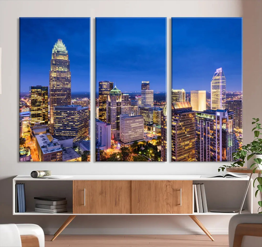 Charlotte Aerial View Night Skyline City Lights Wall Art Canvas Print