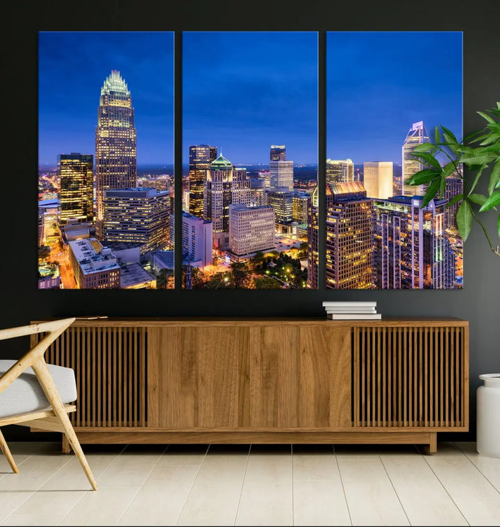 Charlotte Aerial View Night Skyline City Lights Wall Art Canvas Print