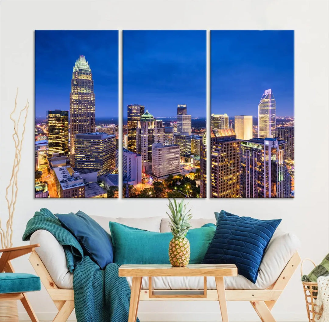 Charlotte Aerial View Night Skyline City Lights Wall Art Canvas Print