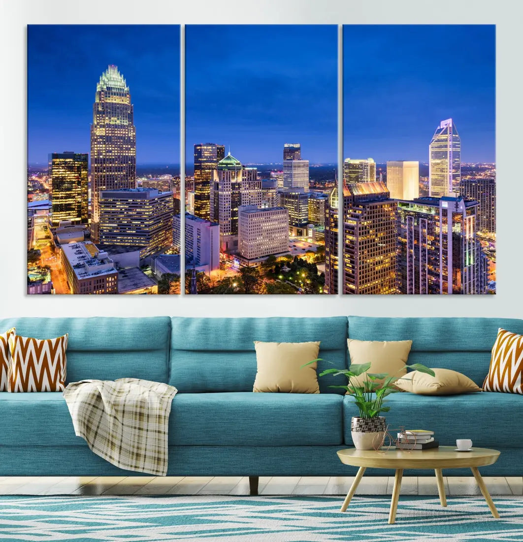 Charlotte Aerial View Night Skyline City Lights Wall Art Canvas Print