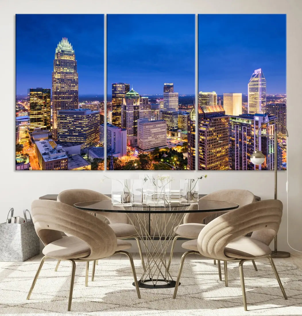 Charlotte Aerial View Night Skyline City Lights Wall Art Canvas Print