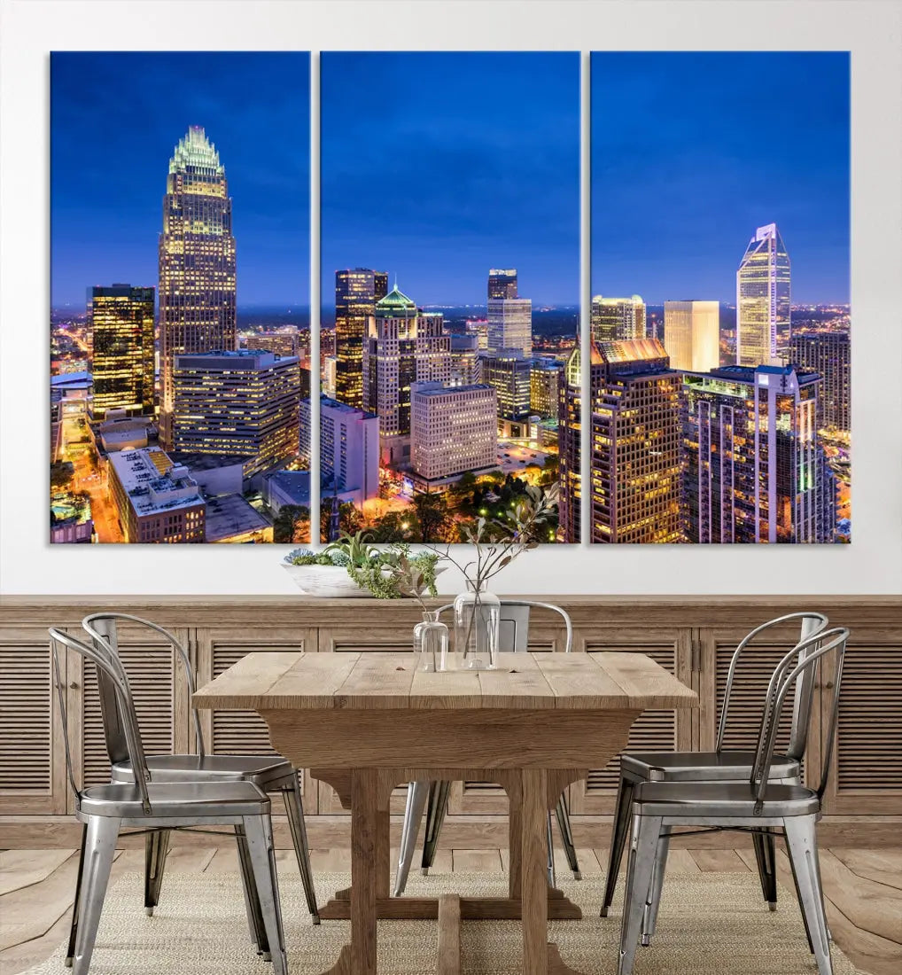 Charlotte Aerial View Night Skyline City Lights Wall Art Canvas Print